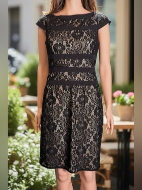 Adrianna Papell Black Lace Sheath Dress Nude Lining Size 4
